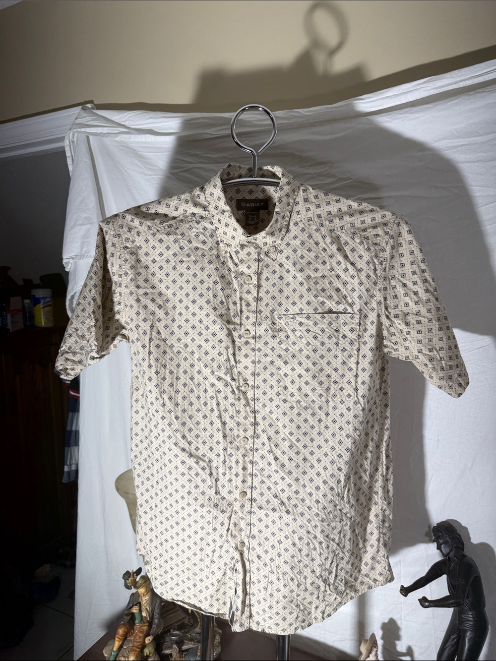 Ariat Cream Short-Sleeve Button-Up with Navy Geometric Print